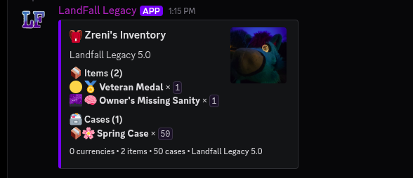 LandFall Legacy Discord bot displaying a member’s inventory, items, and cases