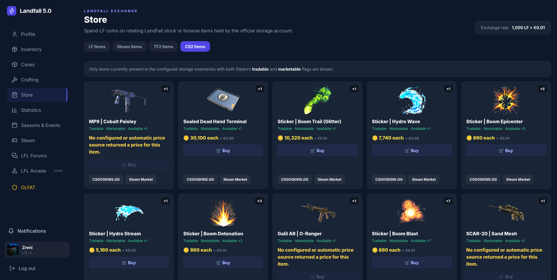 LF5 store showing community item listings and LF coin prices
